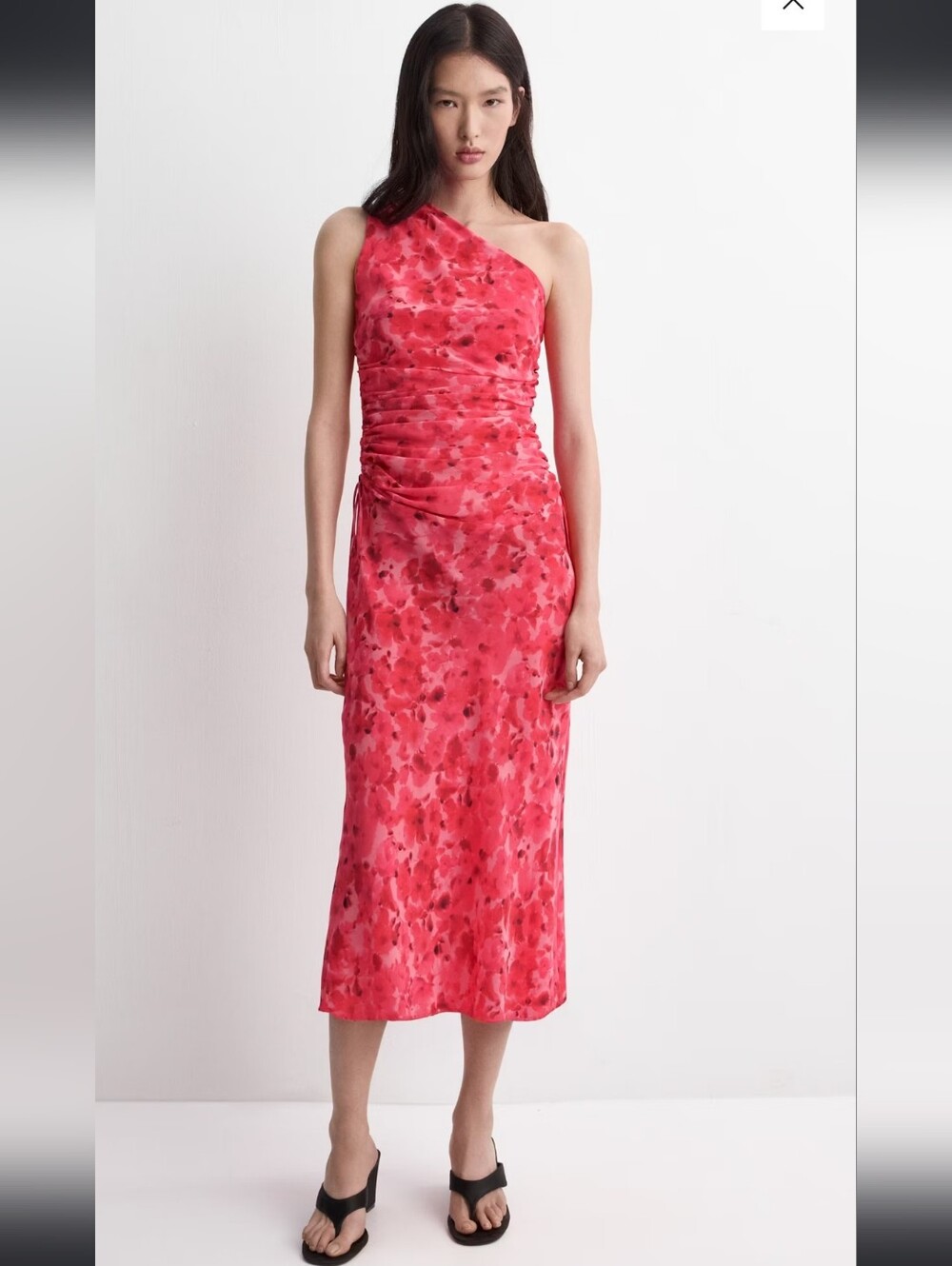 Mango One-Shoulder Red Floral Midi Dress